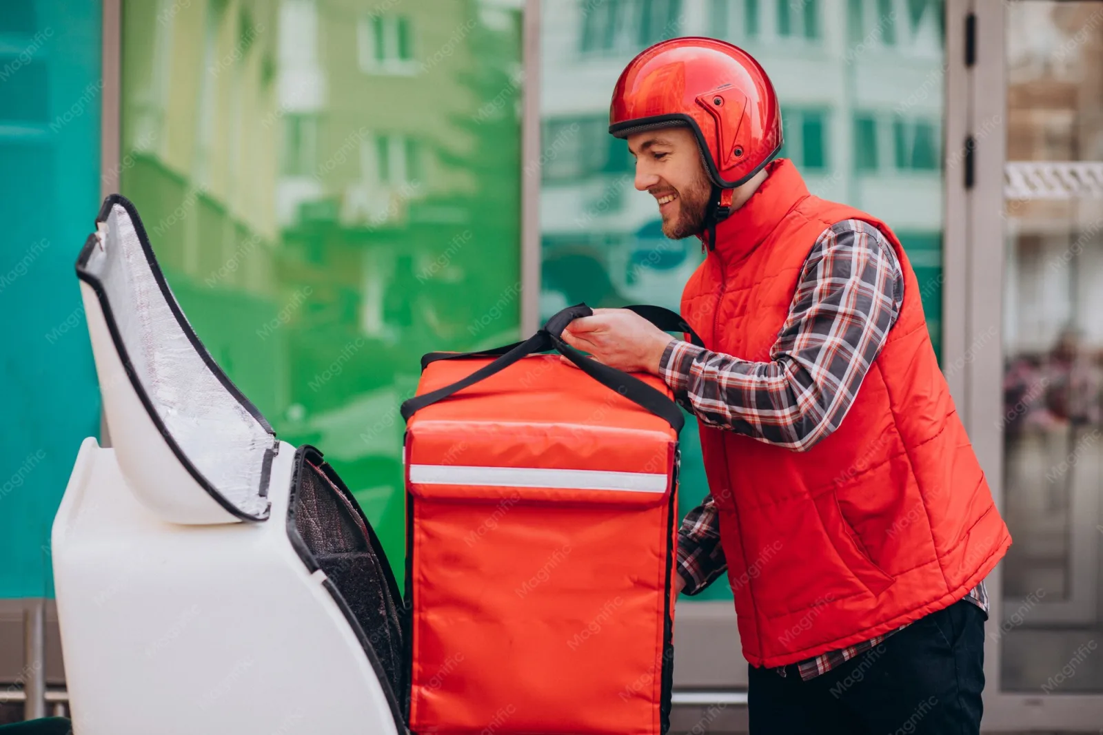 A delivery rider on a scooter