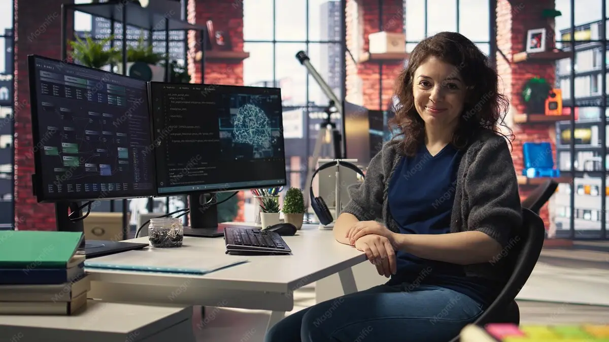 An AI engineer at her desk with neural network screens